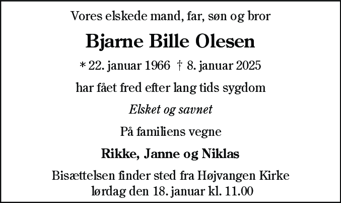 Dødsannonce for Bjarne Bille Olesen