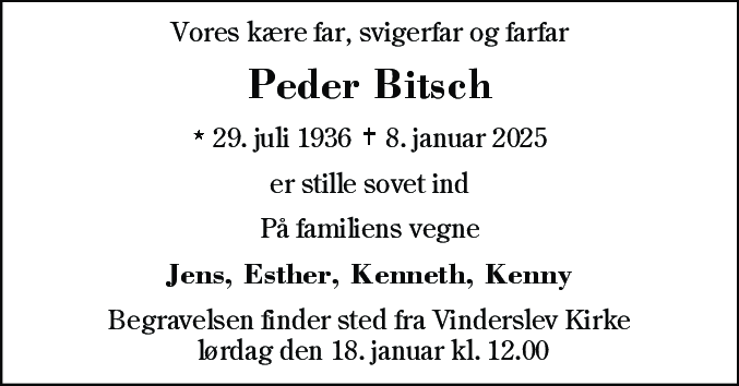 Dødsannonce for Peder Bitsch
