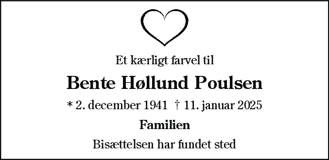 Dødsannonce for Bente Poulsen