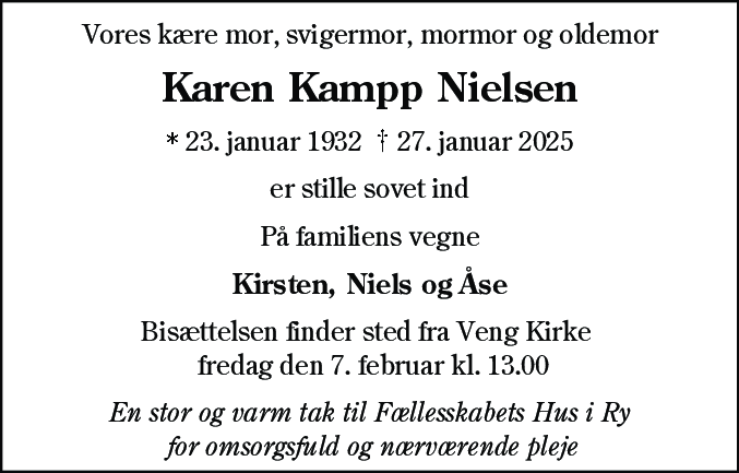 Dødsannonce for Karen Kampp Nielsen
