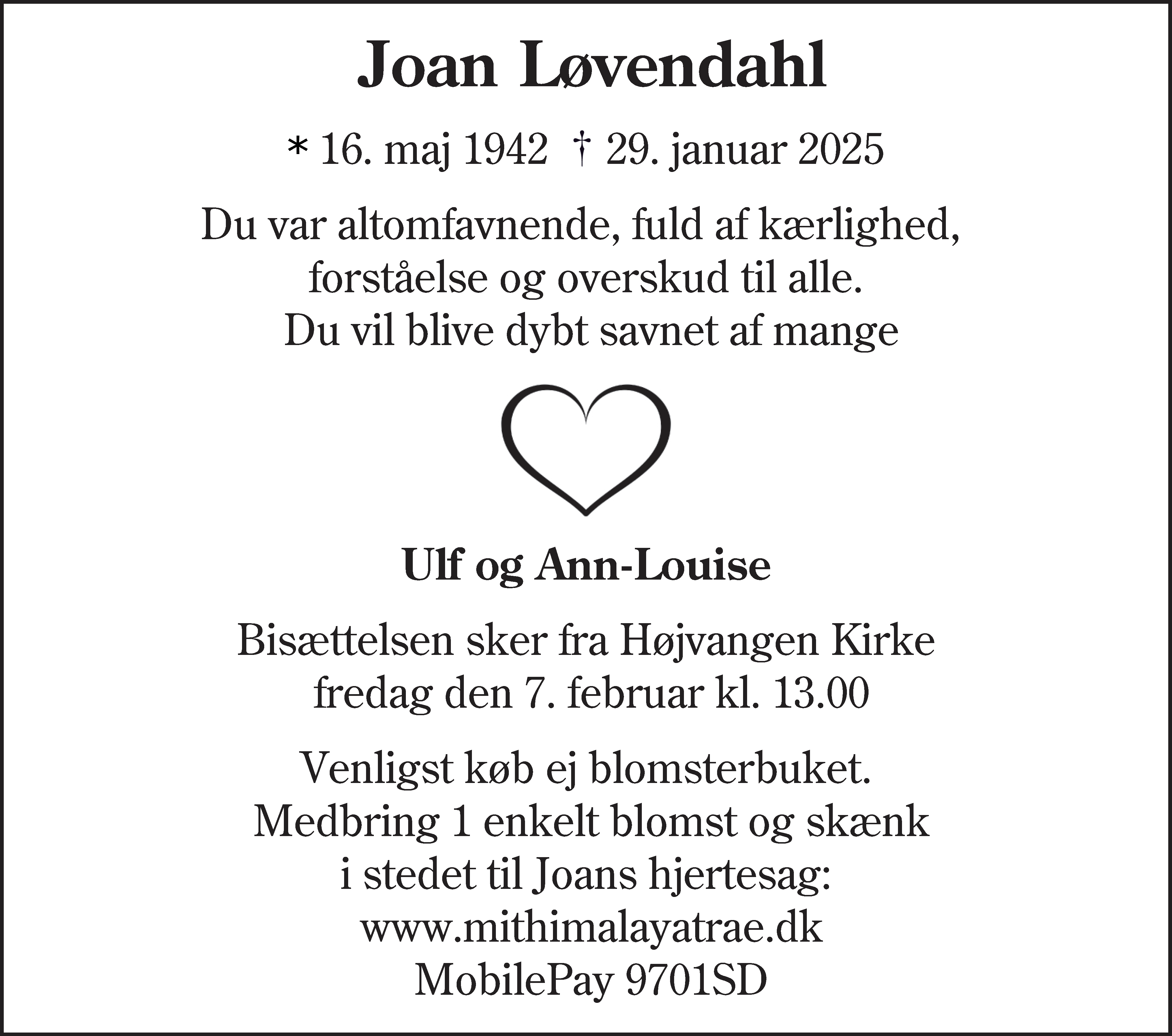 Dødsannonce for Joan Løvendahl