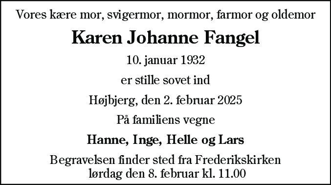 Dødsannonce for Karen Johanne Fangel