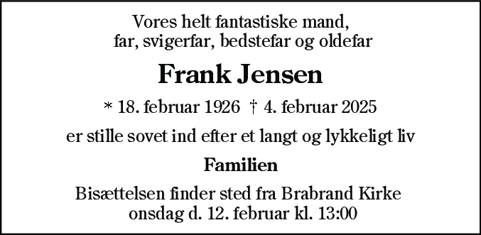 Dødsannonce for Frank Edmund Jensen