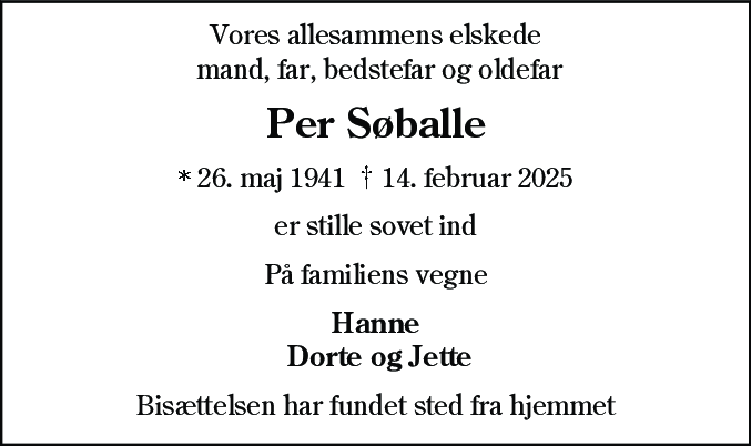 Dødsannonce for Per Søballe Pedersen