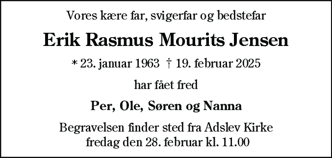 Dødsannonce for Erik Rasmus Mourits Jensen