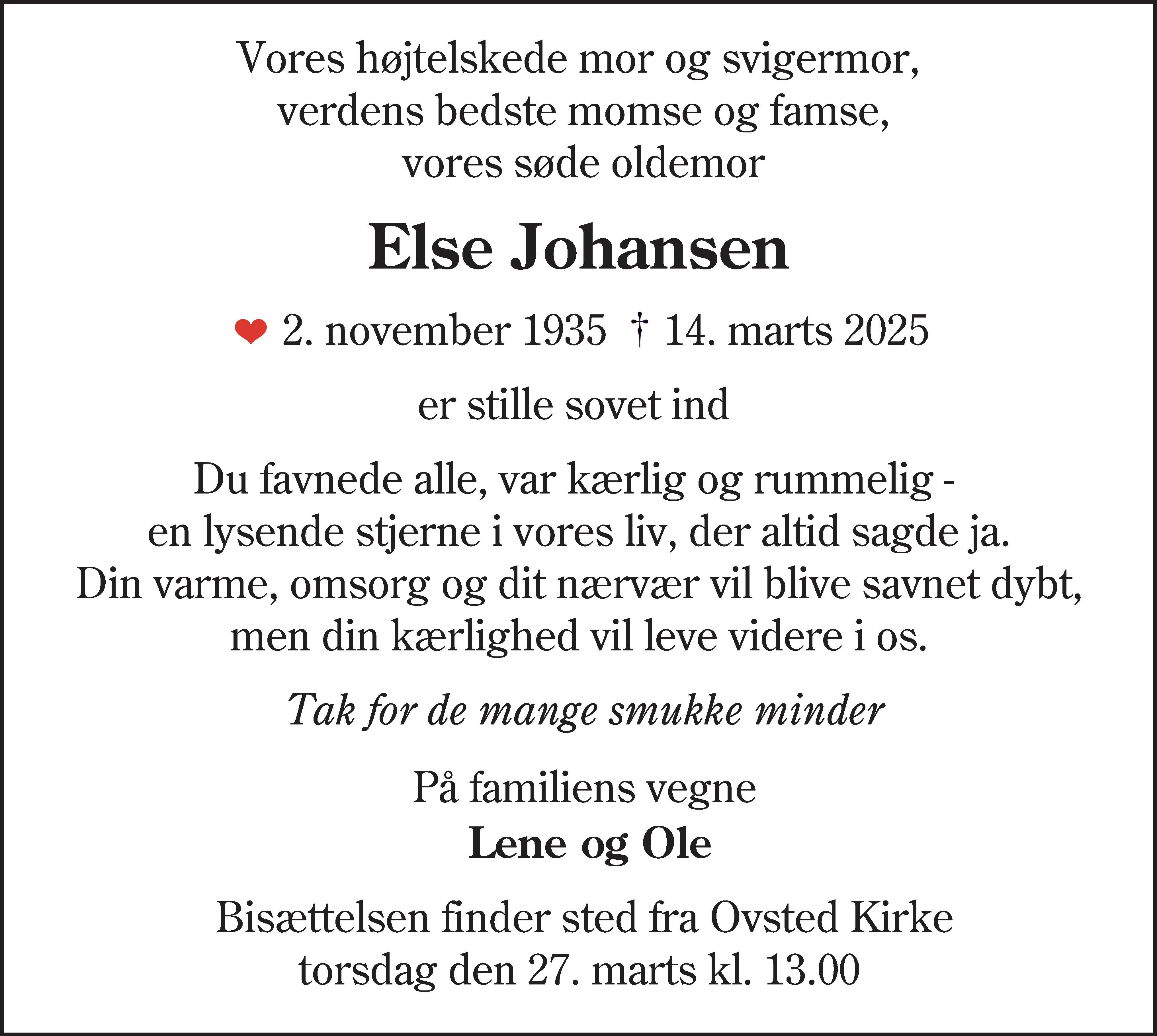 Dødsannonce for Else Johansen