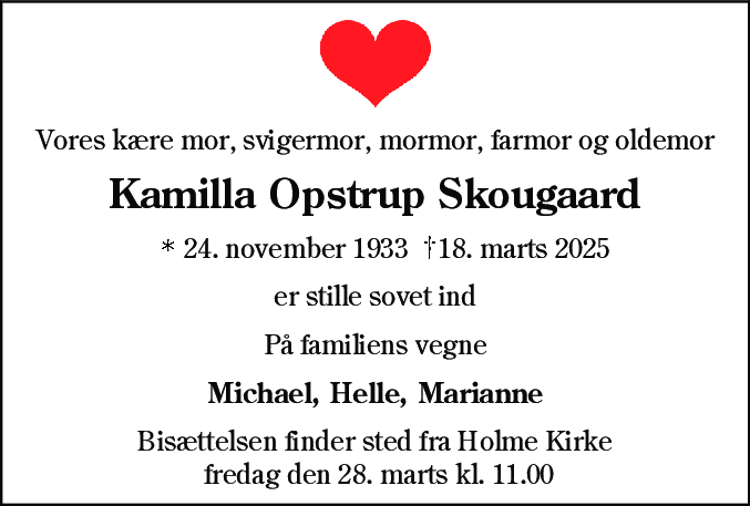 Dødsannonce for Kamilla Opstrup Skougaard