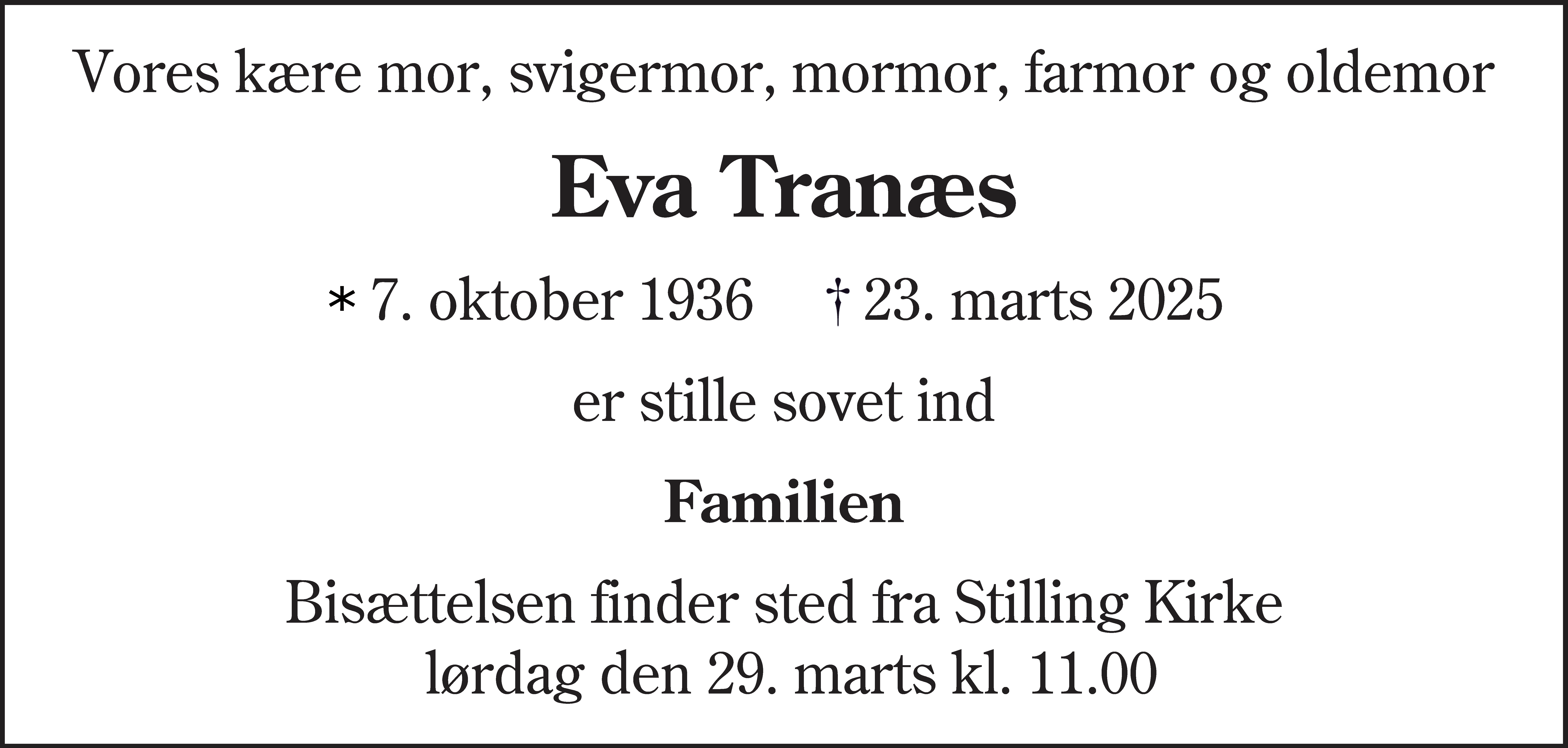 Dødsannonce for Eva Tranæs