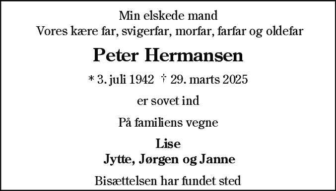 Dødsannonce for Peter Hermansen