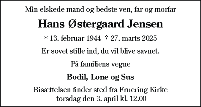Dødsannonce for Hans Østergaard Jensen