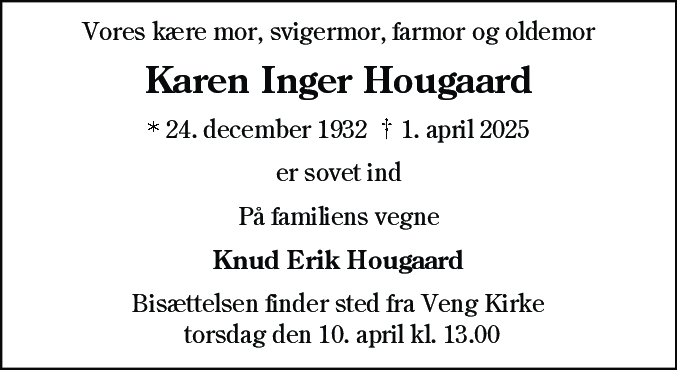 Dødsannonce for Karen Inger Hougaard