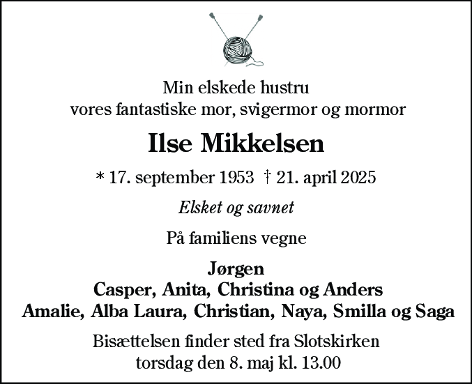 Dødsannonce for Lone Ilselill Mikkelsen