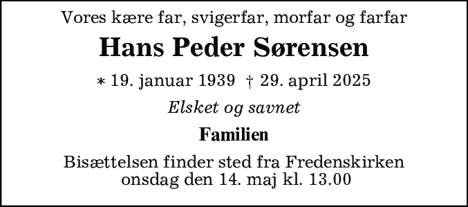 Dødsannonce for Hans Peder Sørensen