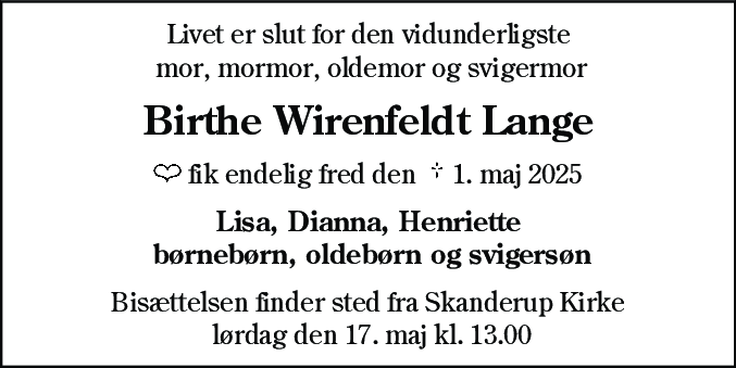 Dødsannonce for Birthe Wirenfeldt Lange