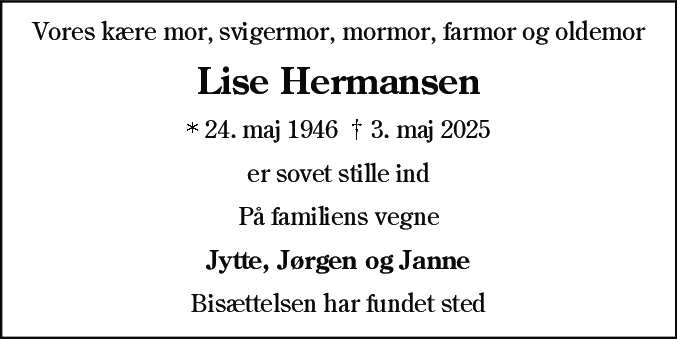 Dødsannonce for Inge-Lise Hermansen