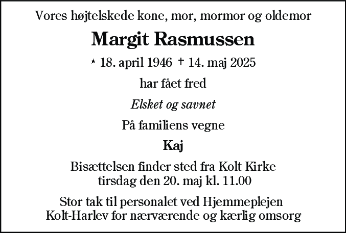 Dødsannonce for Margit Rasmussen
