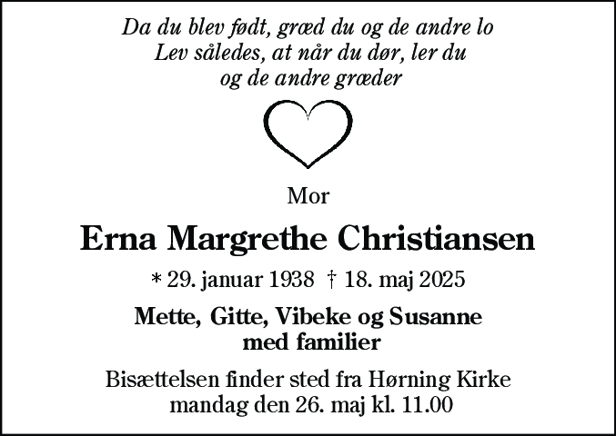 Dødsannonce for Erna Margrethe Christiansen