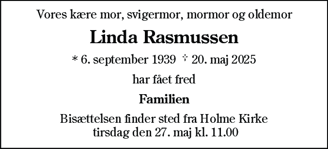 Dødsannonce for Linda Rasmussen