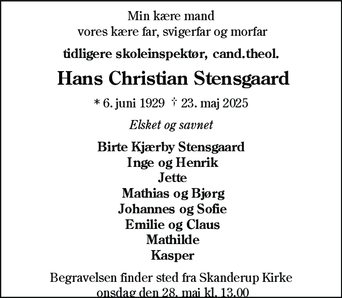 Dødsannonce for Hans Christian Stensgaard