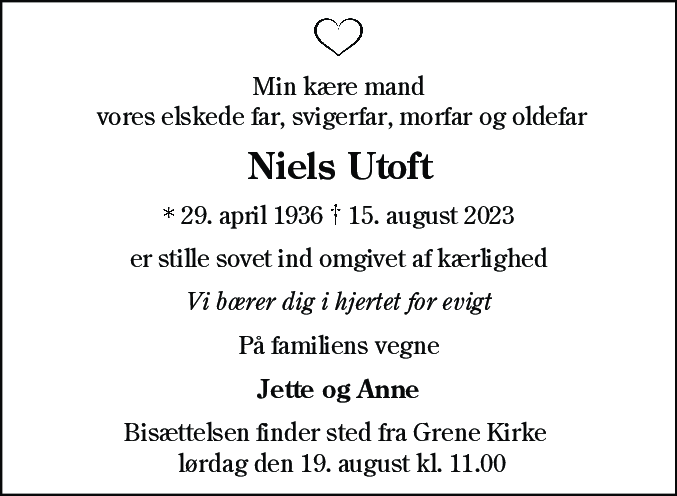 Dødsannonce for Niels Utoft