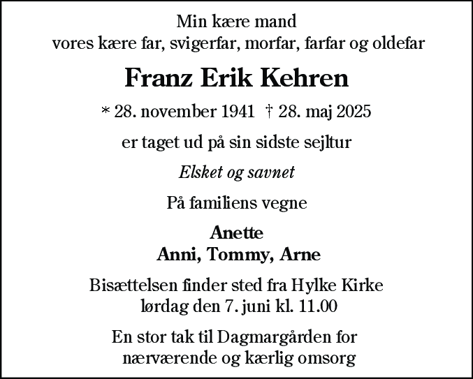 Dødsannonce for Franz Erik Kehren