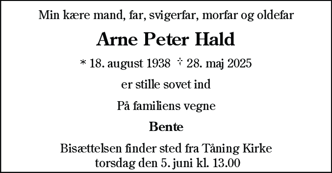 Dødsannonce for Arne Peter Hald