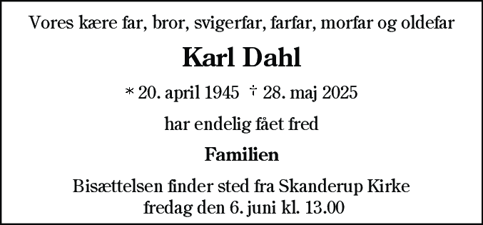 Dødsannonce for Karl Dahl