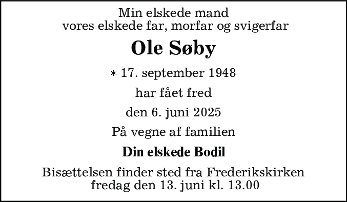 Dødsannonce for Ole Søby