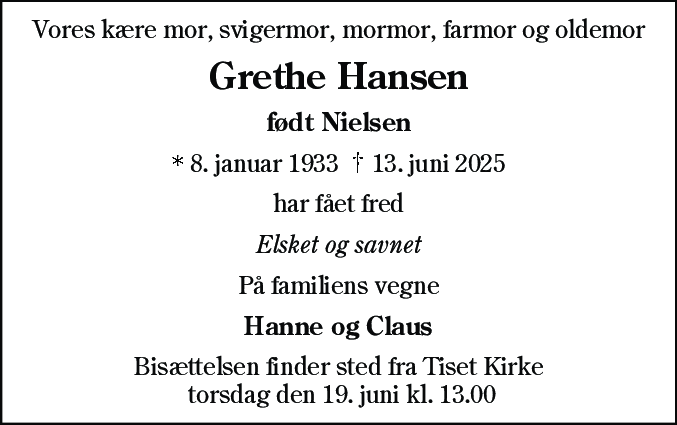Dødsannonce for Grethe Hansen