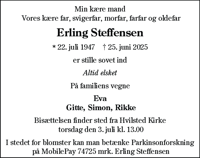 Dødsannonce for Erling Steffensen