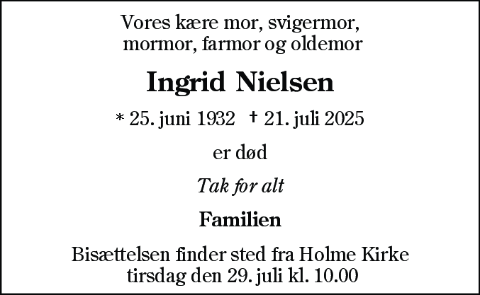 Dødsannonce for Ingrid Nielsen