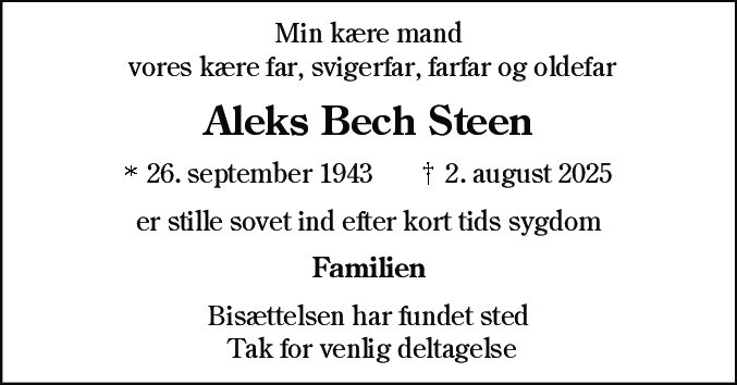 Dødsannonce for Aleks Bech Steen
