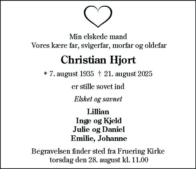 Dødsannonce for Christian Hjort