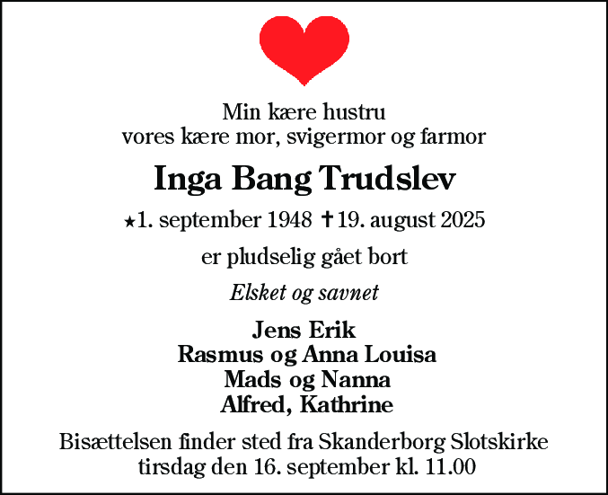 Dødsannonce for Inga Bang Trudslev