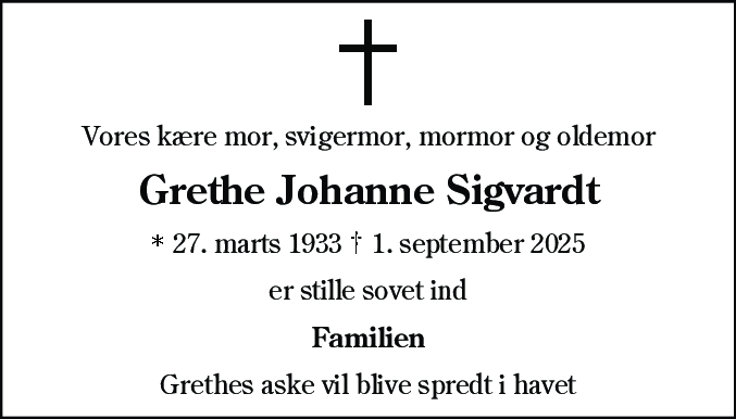 Dødsannonce for Grethe Johanne Sigvardt
