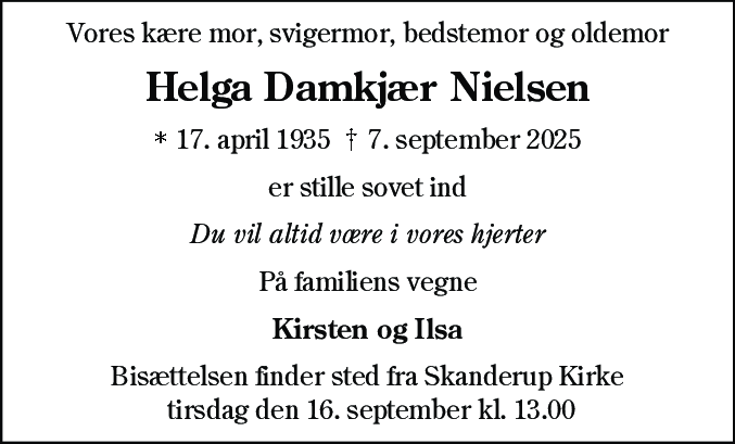 Dødsannonce for Helga Damkjær Nielsen