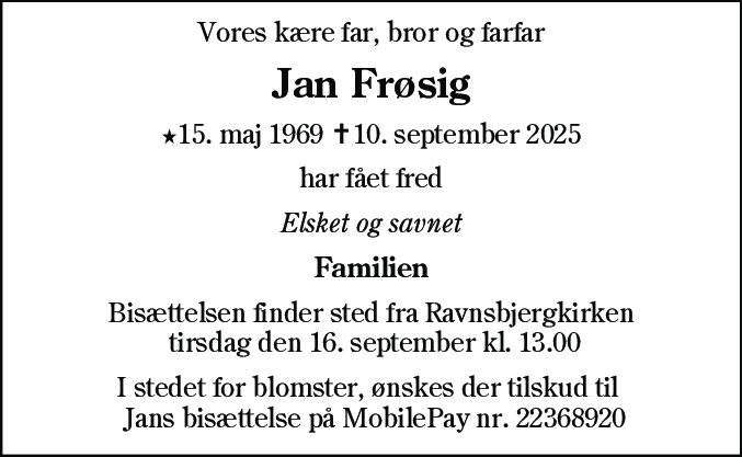 Dødsannonce for Jan Frøsig