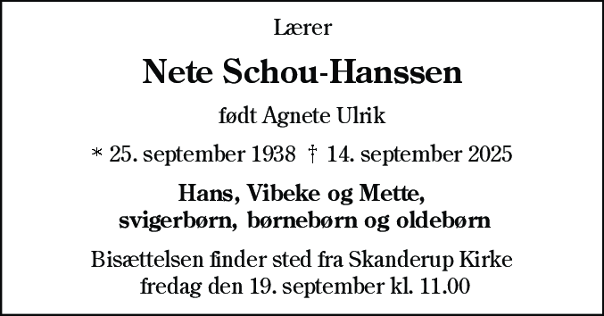 Dødsannonce for Agnete Schou-Hanssen
