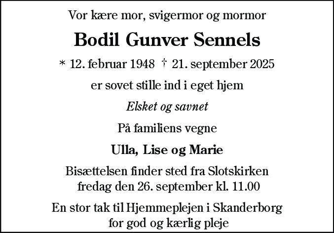Dødsannonce for Bodil Gunver Sennels