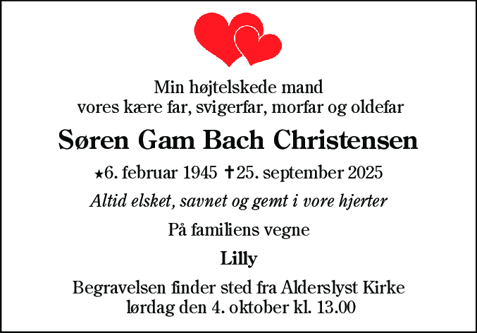 Dødsannonce for Søren Gam Bach Christensen