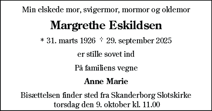 Dødsannonce for Margrethe Severine Eskildsen