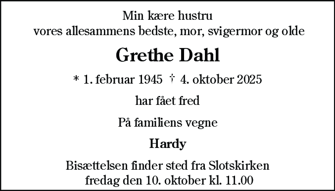 Dødsannonce for Grethe Dahl