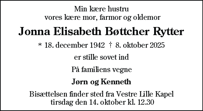 Dødsannonce for Jonna Elisabeth Bøttcher Rytter