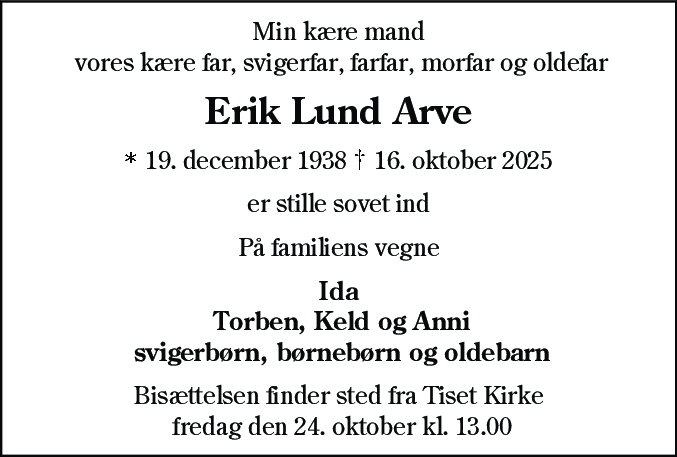 Dødsannonce for Erik Lund Arve