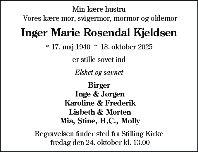 Dødsannonce for Inger Marie Rosendal Kjeldsen