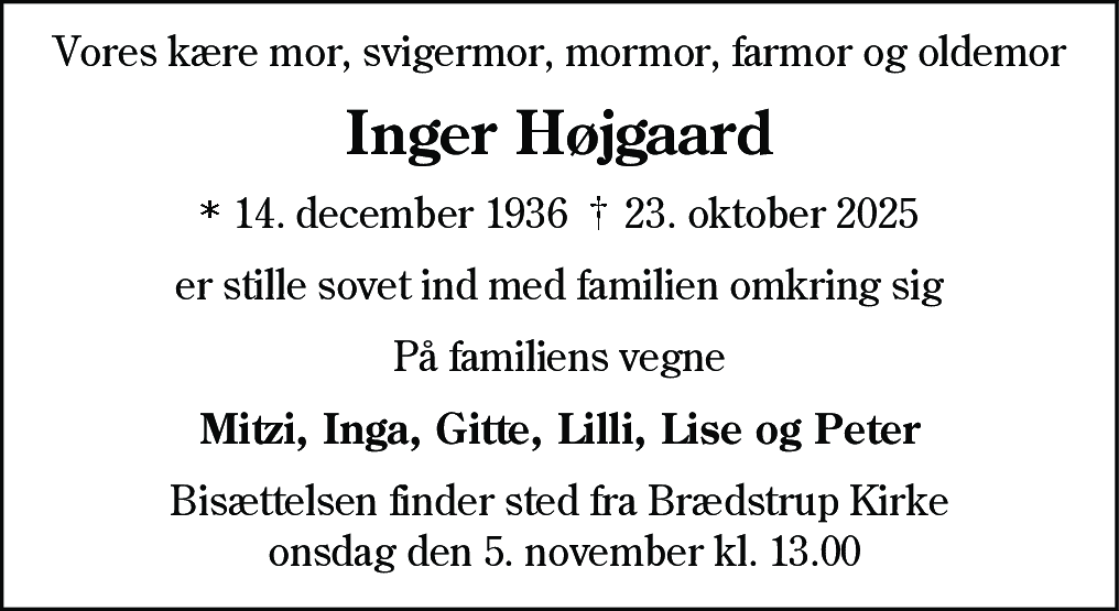Dødsannonce for Inger Højgaard