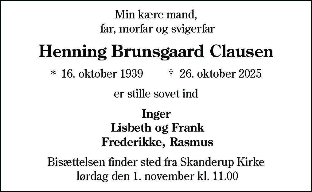 Dødsannonce for Henning Brunsgaard Clausen