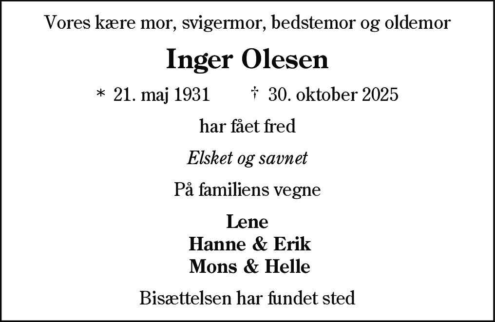 Dødsannonce for Inger Olesen