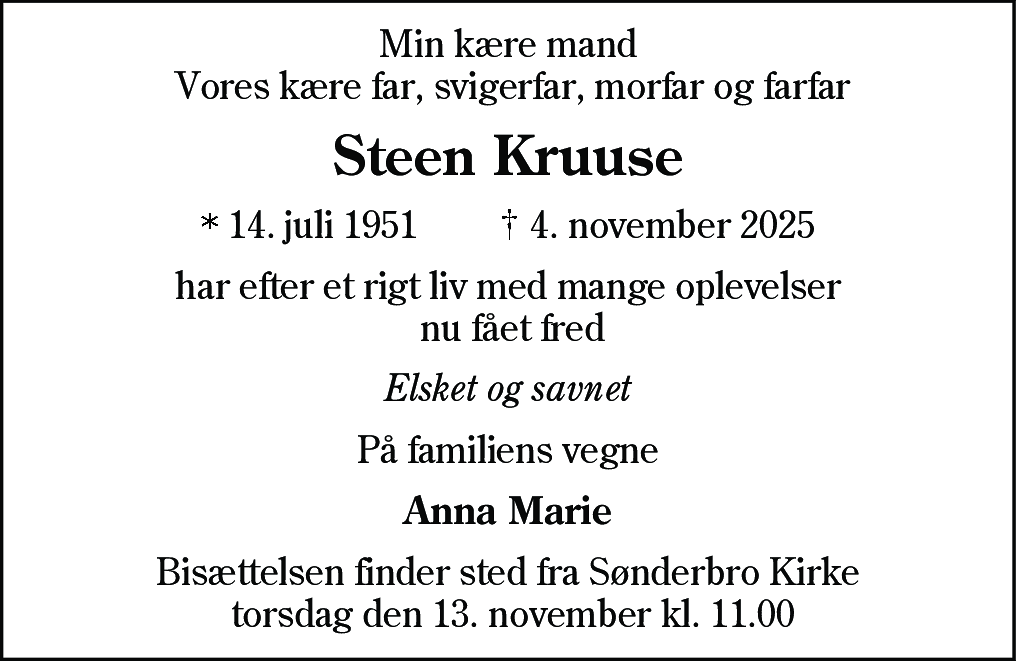 Dødsannonce for Steen Kruuse
