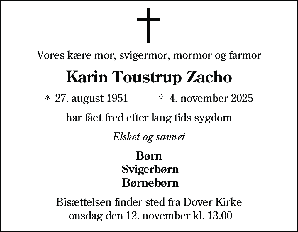 Dødsannonce for Karin Toustrup Zacho